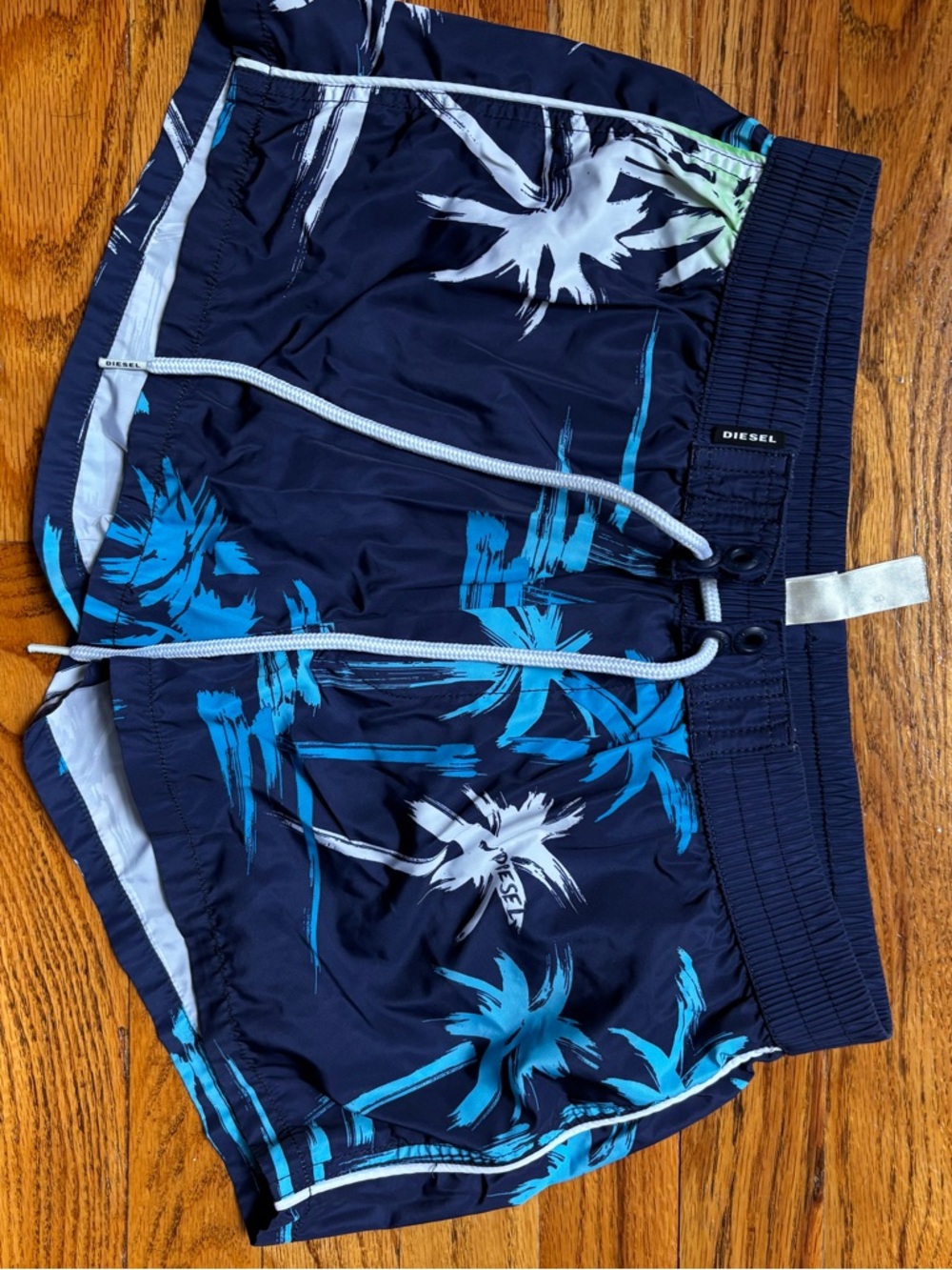 Diesel Navy Blue Palm-Print Swim Trunks with Bright Blue and White Accents